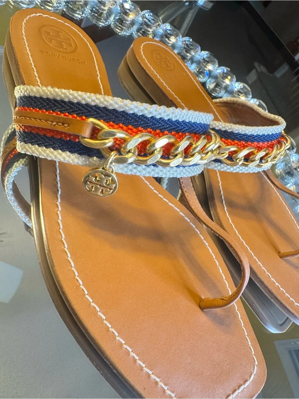 Tory Burch Mini Benton Chain Band Sandal Calf Leather / Webbing. Size 8